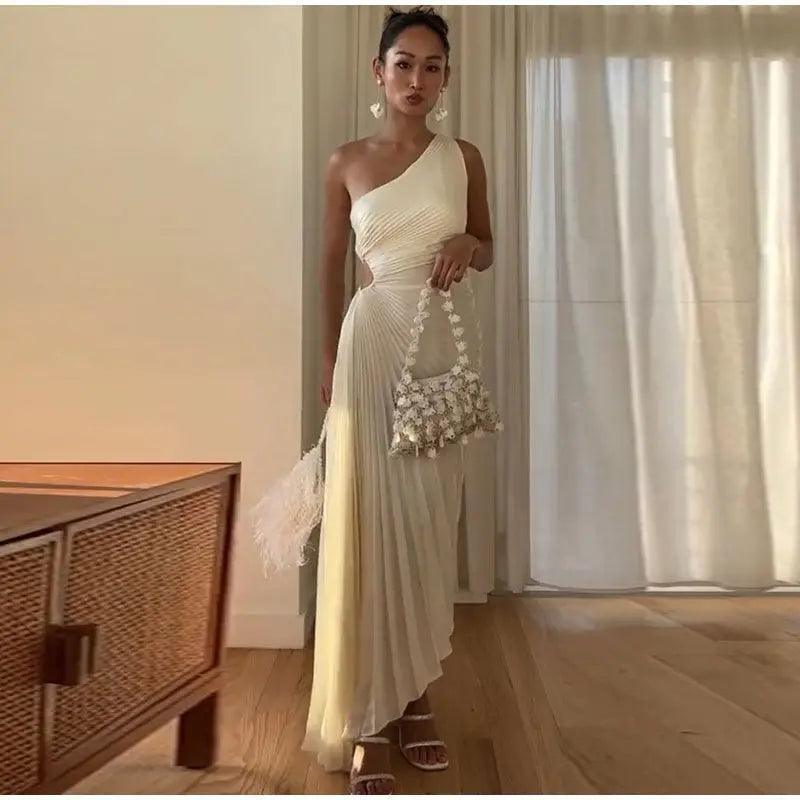 Women Clothing One Shoulder Diagonal Collar Pleated Hollow Out Cutout Dress - Venus Trendy Fashion Online