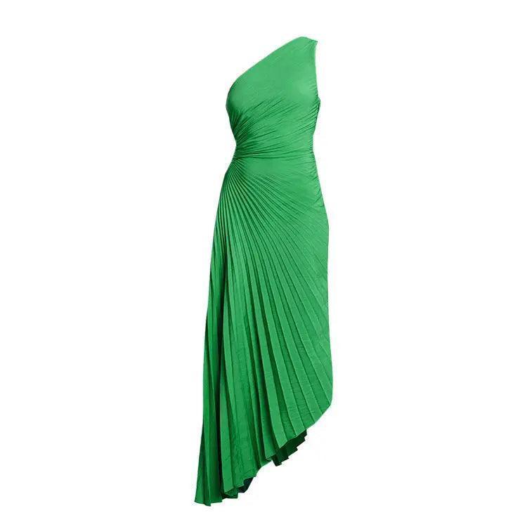 Women Clothing One Shoulder Diagonal Collar Pleated Hollow Out Cutout Dress - Venus Trendy Fashion Online