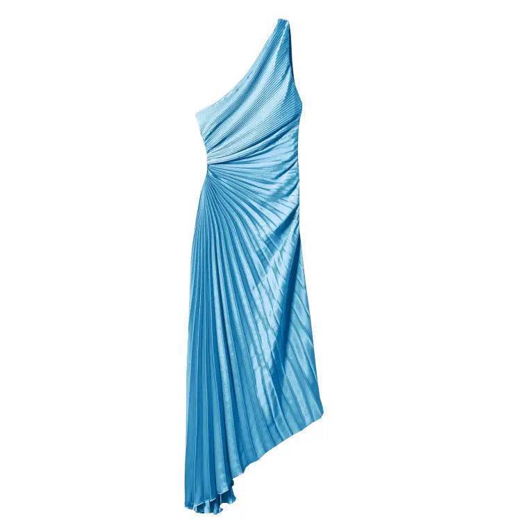 Women Clothing One Shoulder Diagonal Collar Pleated Hollow Out Cutout Dress - Venus Trendy Fashion Online