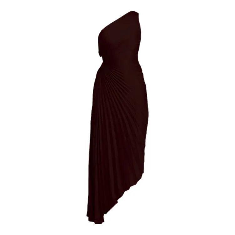 Women Clothing One Shoulder Diagonal Collar Pleated Hollow Out Cutout Dress - Venus Trendy Fashion Online