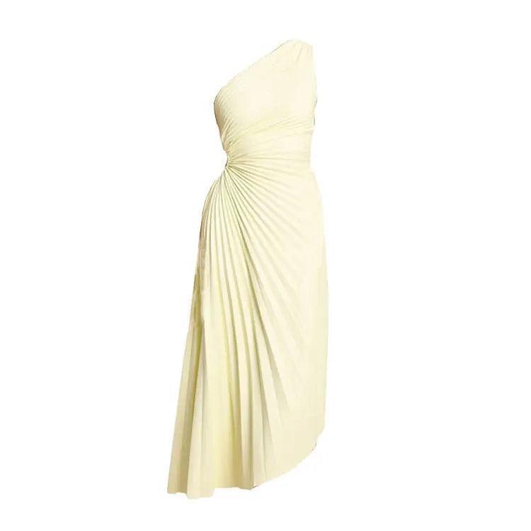 Women Clothing One Shoulder Diagonal Collar Pleated Hollow Out Cutout Dress - Venus Trendy Fashion Online