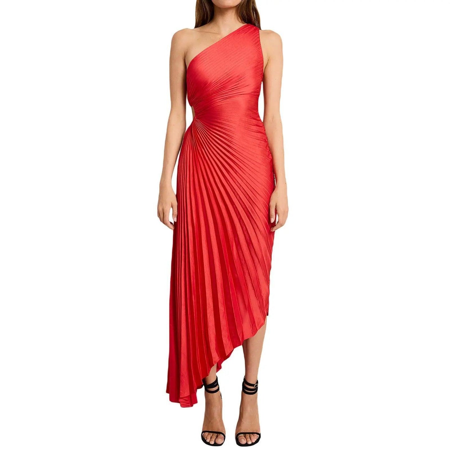 Women Clothing One Shoulder Diagonal Collar Pleated Hollow Out Cutout Dress - Venus Trendy Fashion Online