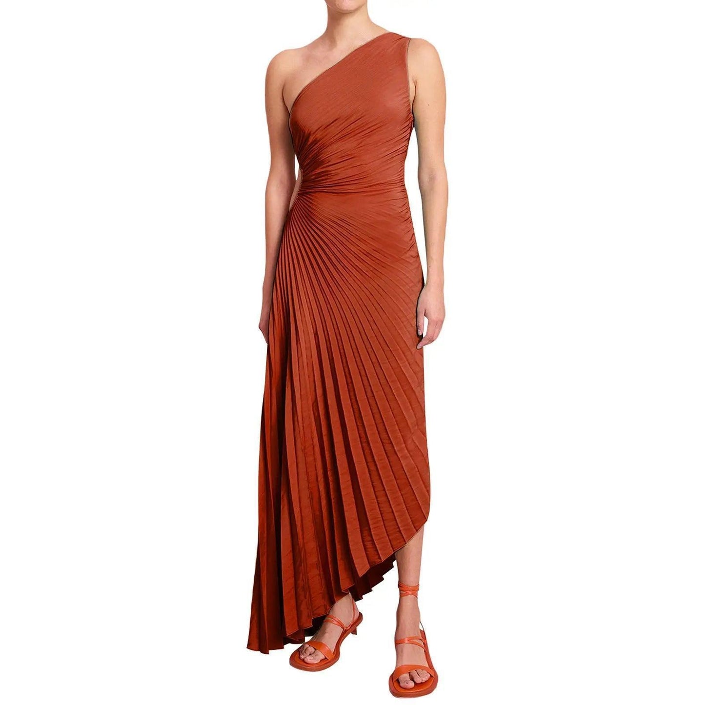Women Clothing One Shoulder Diagonal Collar Pleated Hollow Out Cutout Dress - Venus Trendy Fashion Online
