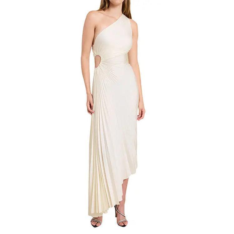 Women Clothing One Shoulder Diagonal Collar Pleated Hollow Out Cutout Dress - Venus Trendy Fashion Online