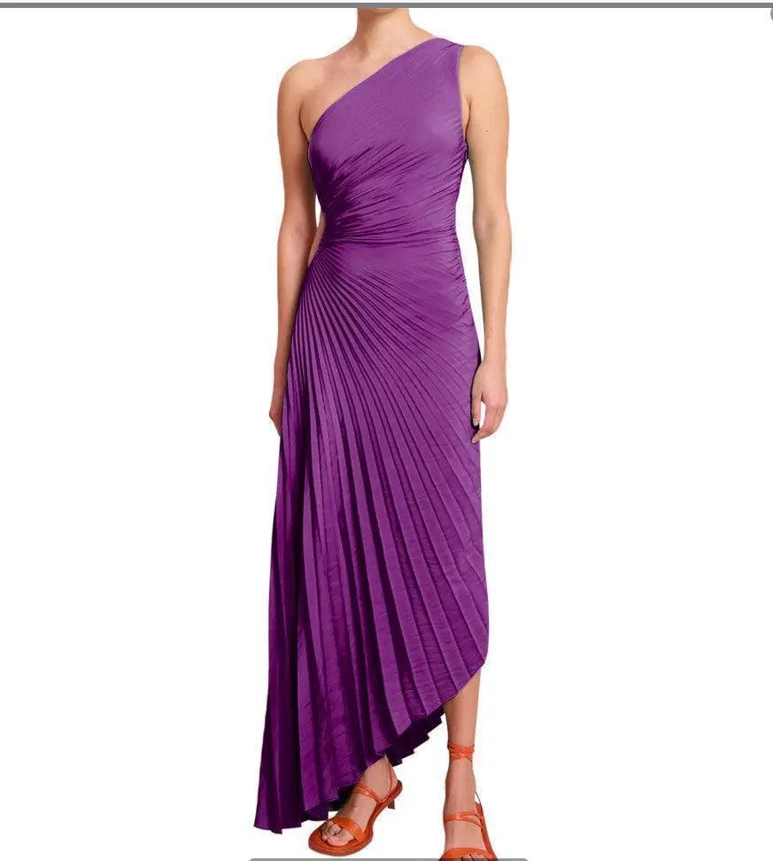 Women Clothing One Shoulder Diagonal Collar Pleated Hollow Out Cutout Dress - Venus Trendy Fashion Online