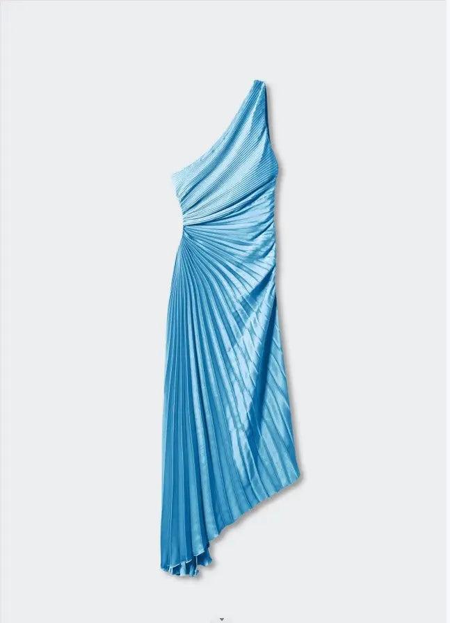 Women Clothing One Shoulder Diagonal Collar Pleated Hollow Out Cutout Dress - Venus Trendy Fashion Online