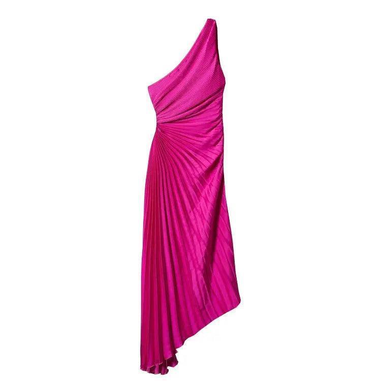 Women Clothing One Shoulder Diagonal Collar Pleated Hollow Out Cutout Dress - Venus Trendy Fashion Online