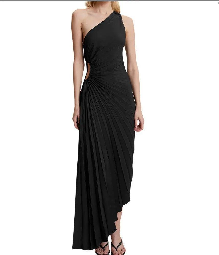 Women Clothing One Shoulder Diagonal Collar Pleated Hollow Out Cutout Dress - Venus Trendy Fashion Online