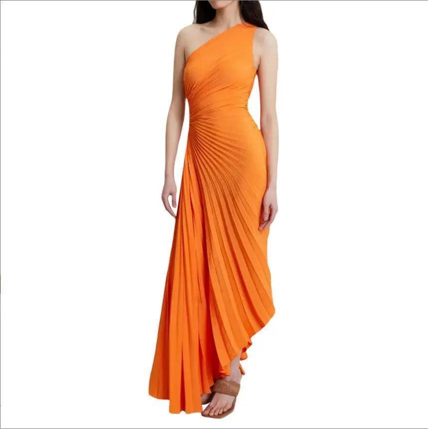 Women Clothing One Shoulder Diagonal Collar Pleated Hollow Out Cutout Dress - Venus Trendy Fashion Online