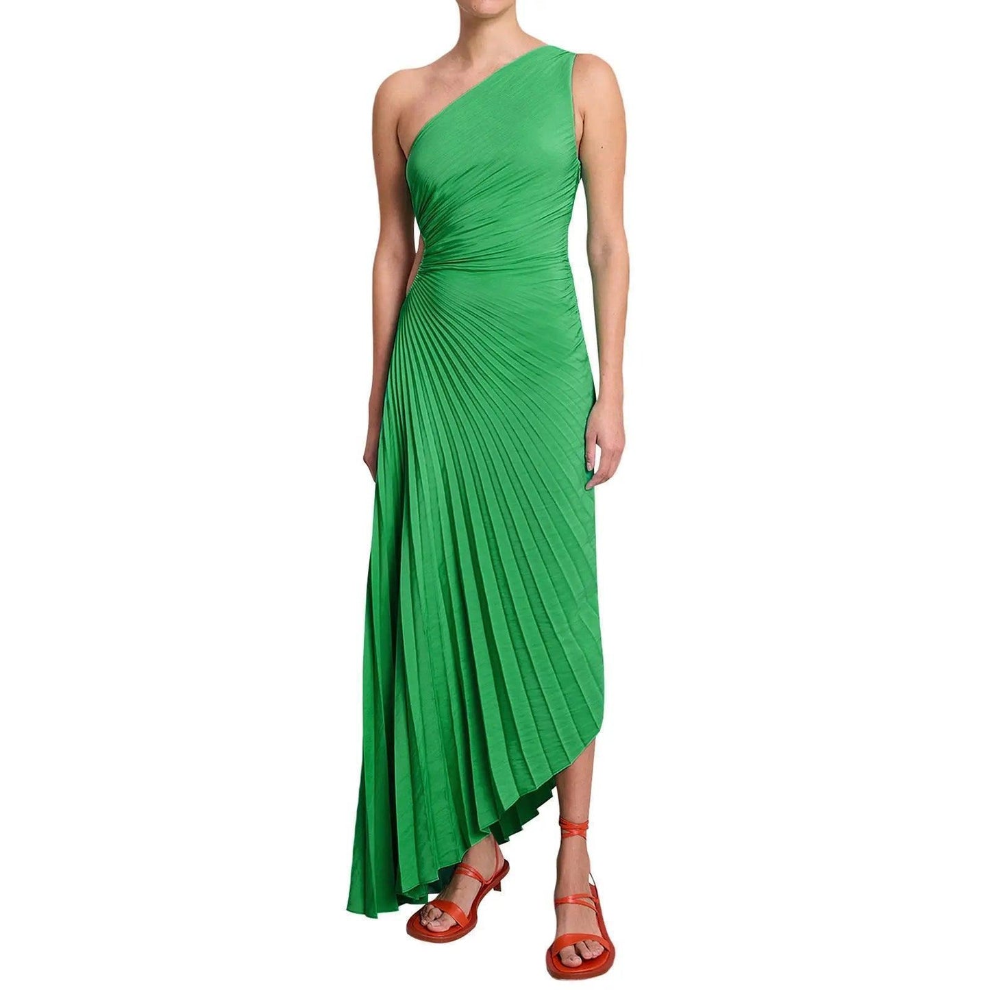 Women Clothing One Shoulder Diagonal Collar Pleated Hollow Out Cutout Dress - Venus Trendy Fashion Online