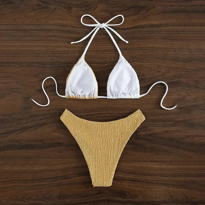 Women Color Contrast Stitching Strap Halter Neck Pleated Bikini Two-Piece Swimsuit - Venus Trendy Fashion Online