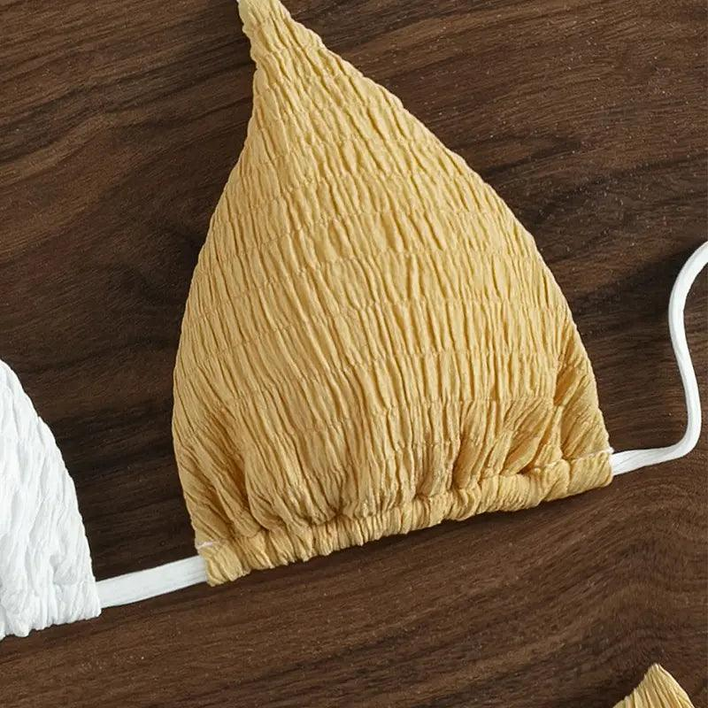 Women Color Contrast Stitching Strap Halter Neck Pleated Bikini Two-Piece Swimsuit - Venus Trendy Fashion Online
