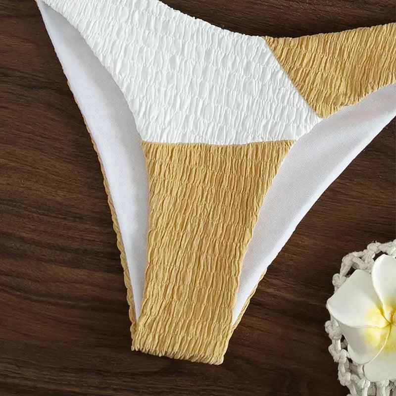 Women Color Contrast Stitching Strap Halter Neck Pleated Bikini Two-Piece Swimsuit - Venus Trendy Fashion Online