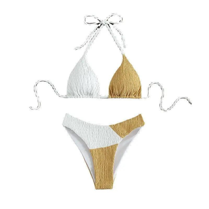 Women Color Contrast Stitching Strap Halter Neck Pleated Bikini Two-Piece Swimsuit - Venus Trendy Fashion Online