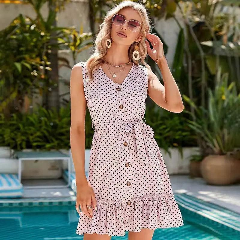 Women Fashion Casual Summer Vacation Polka Dot Print Sleeveless V Neck Ruffled Dress - Venus Trendy Fashion Online