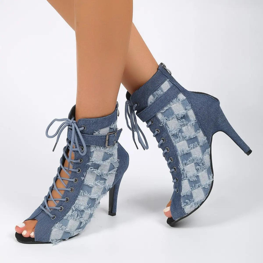 Women Fashion Sexy Plus Size Lace-Up Suede Checkerboard Peep Toe High Heels - Venus Trendy Fashion Online