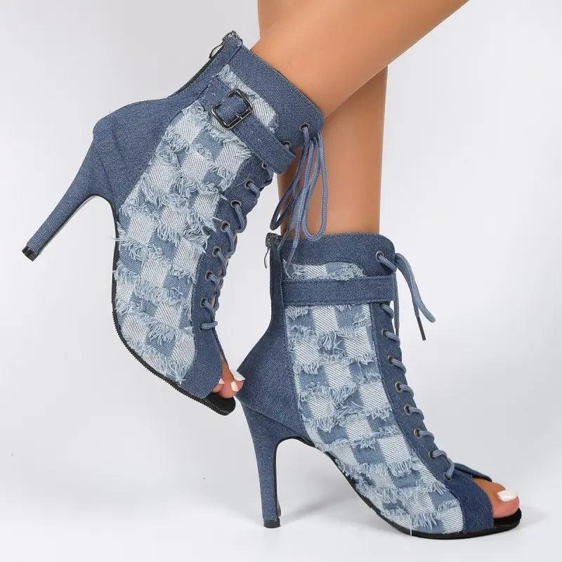 Women Fashion Sexy Plus Size Lace-Up Suede Checkerboard Peep Toe High Heels - Venus Trendy Fashion Online
