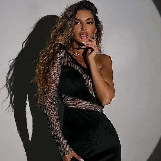 Women Fashionable Sequ Stitching Shoulder Dress - Venus Trendy Fashion Online