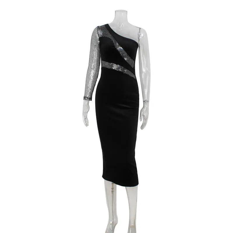 Women Fashionable Sequ Stitching Shoulder Dress - Venus Trendy Fashion Online