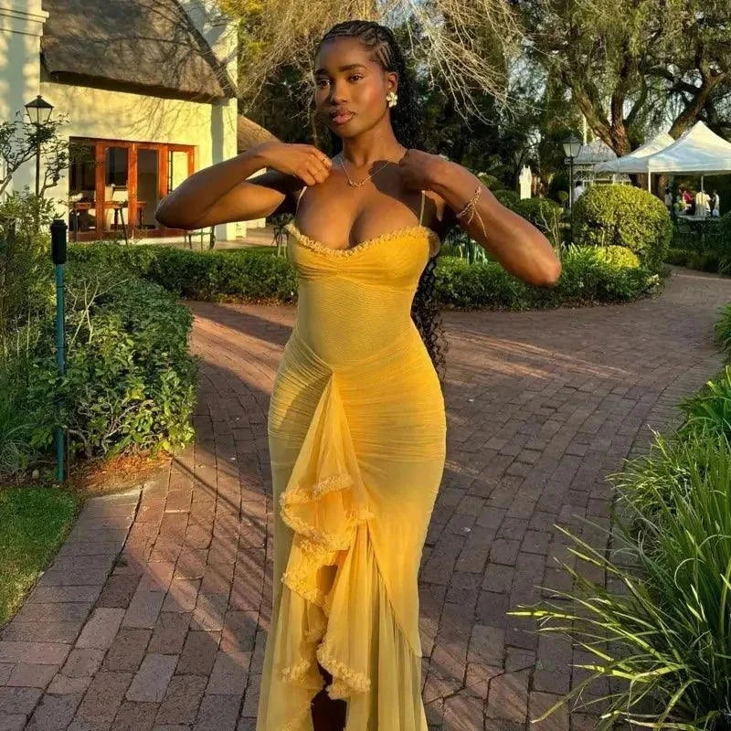 Women Irregular Ruffles Hem Pleated Sling Maxi Dress - Venus Trendy Fashion Online