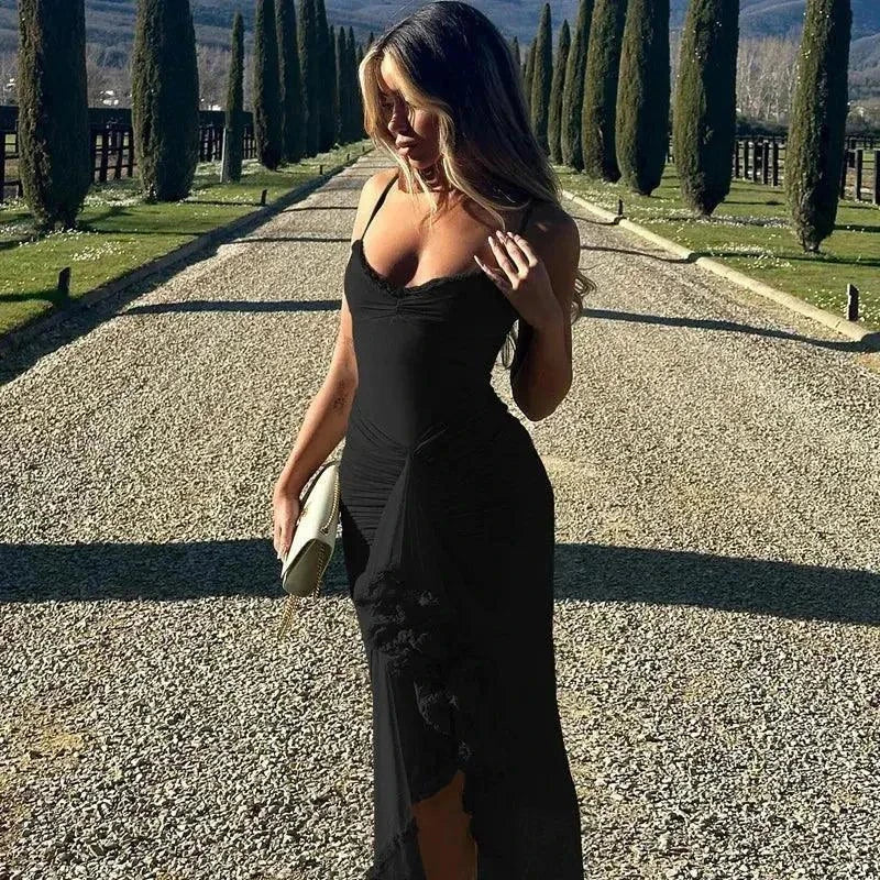 Women Irregular Ruffles Hem Pleated Sling Maxi Dress - Venus Trendy Fashion Online
