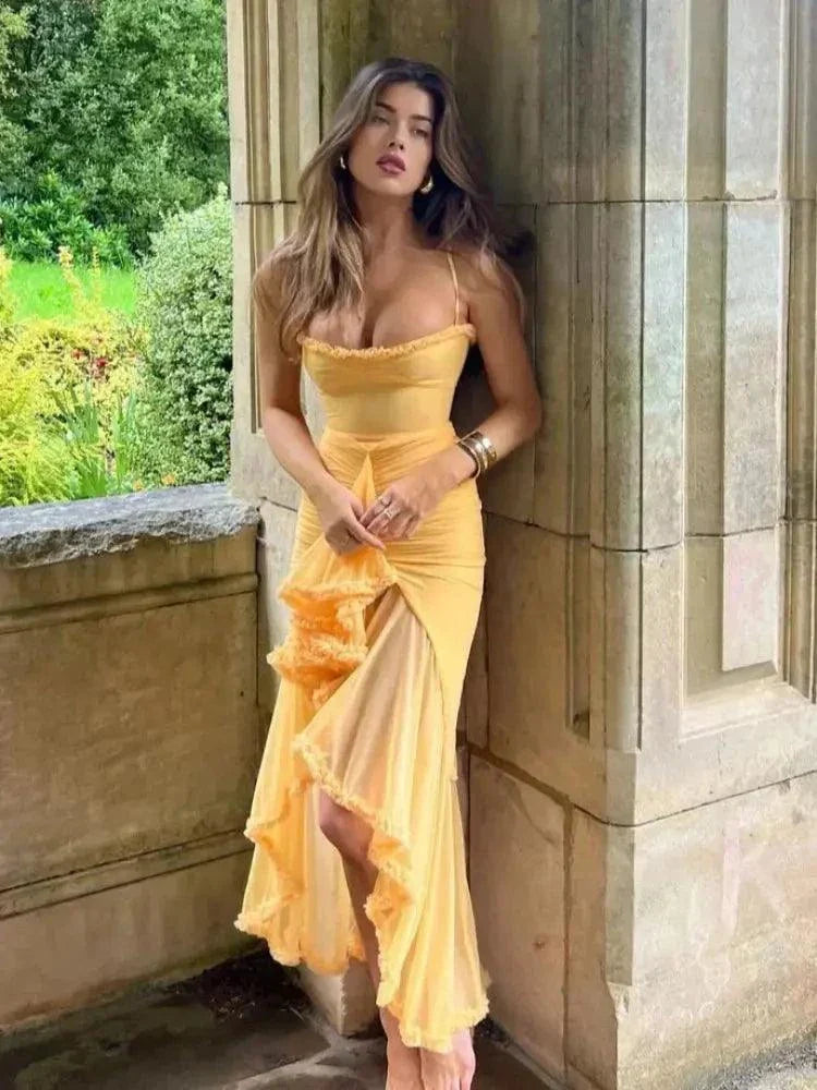 Women Irregular Ruffles Hem Pleated Sling Maxi Dress - Venus Trendy Fashion Online