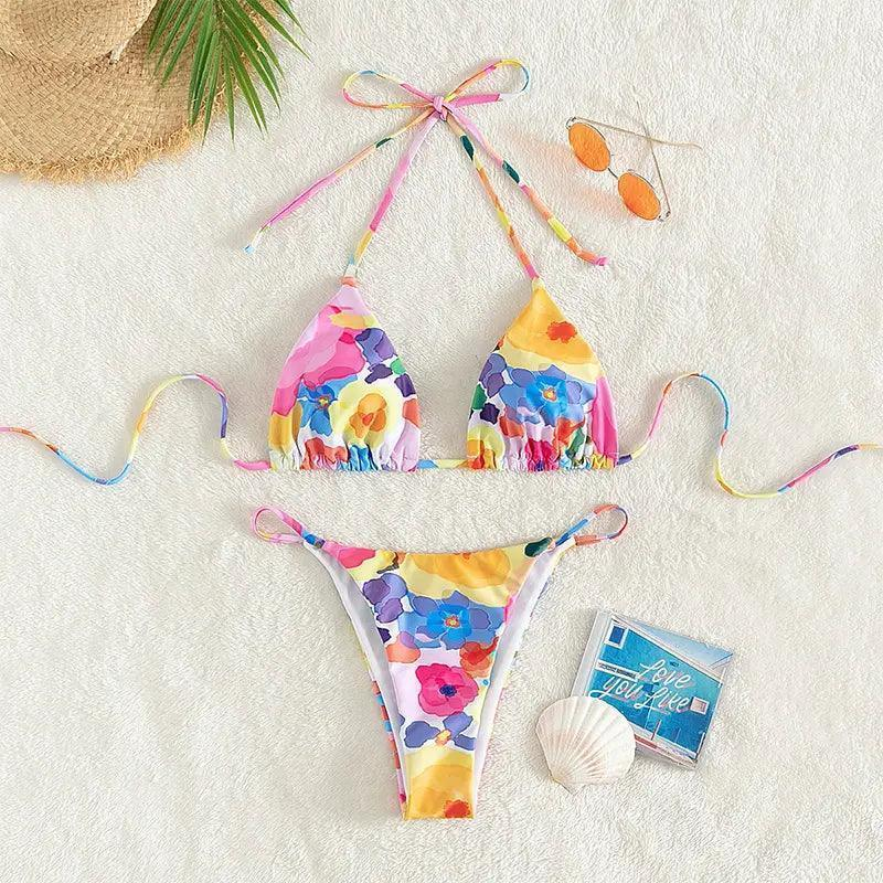 Women Multicolor Printed Halter Neck Bikini Two-Piece Set - Venus Trendy Fashion Online