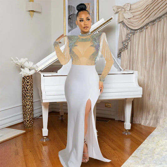 Women Sexy Sheer Mesh Drilling Slim Fit Slit Dress - Venus Trendy Fashion Online