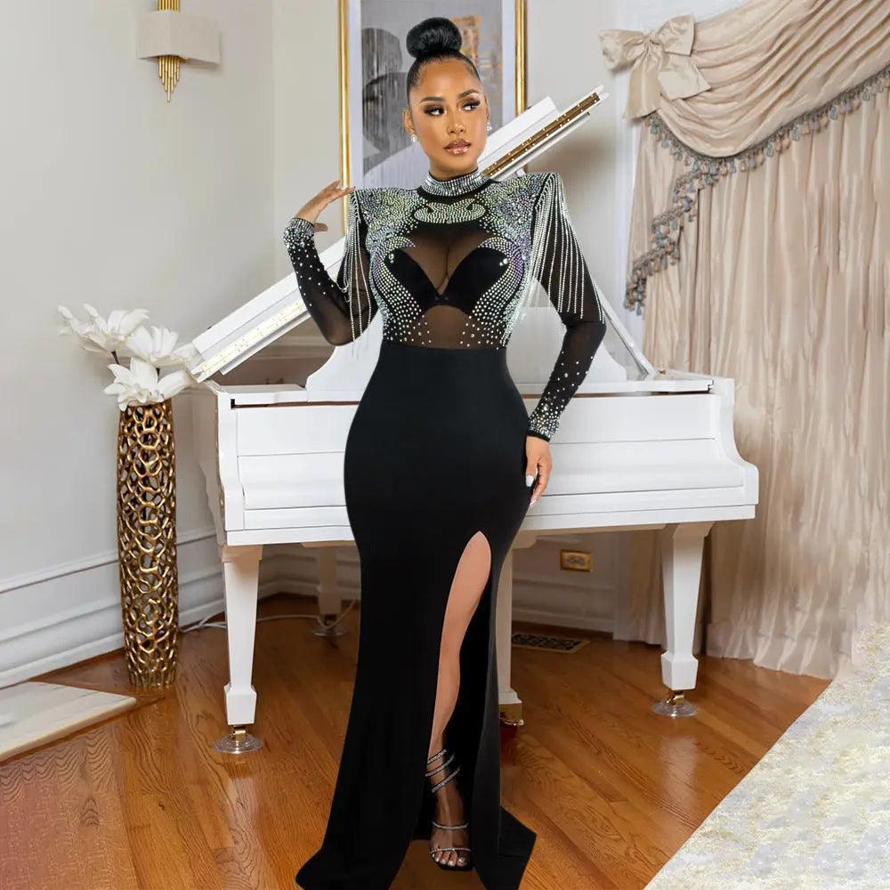 Women Sexy Sheer Mesh Drilling Slim Fit Slit Dress - Venus Trendy Fashion Online