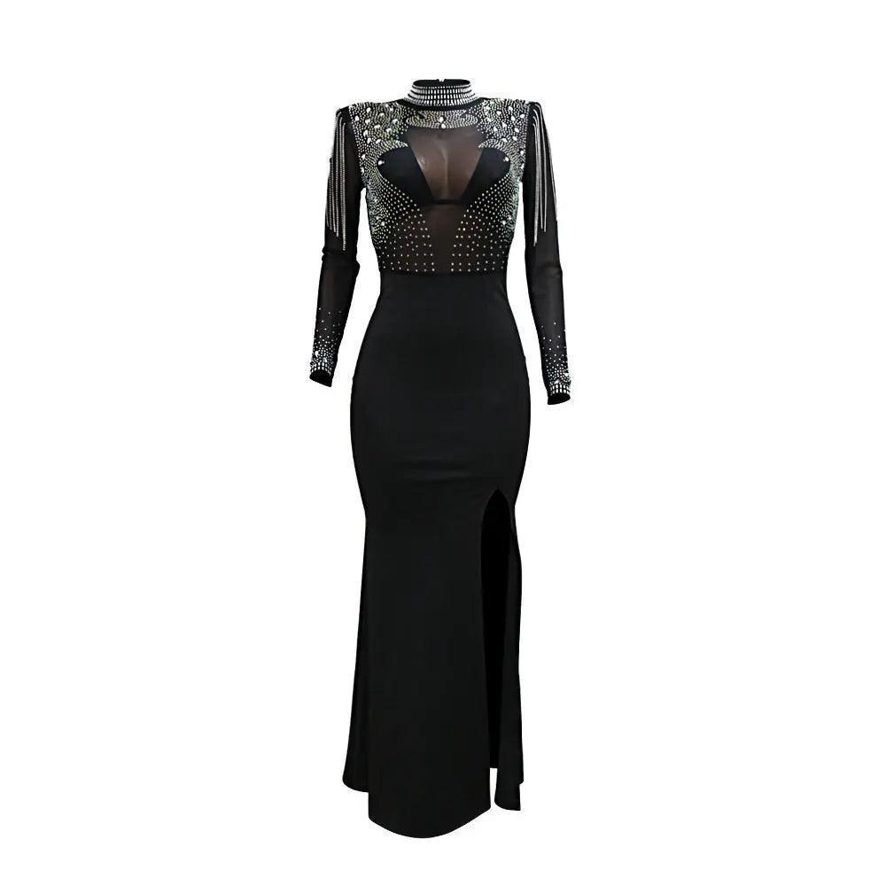 Women Sexy Sheer Mesh Drilling Slim Fit Slit Dress - Venus Trendy Fashion Online