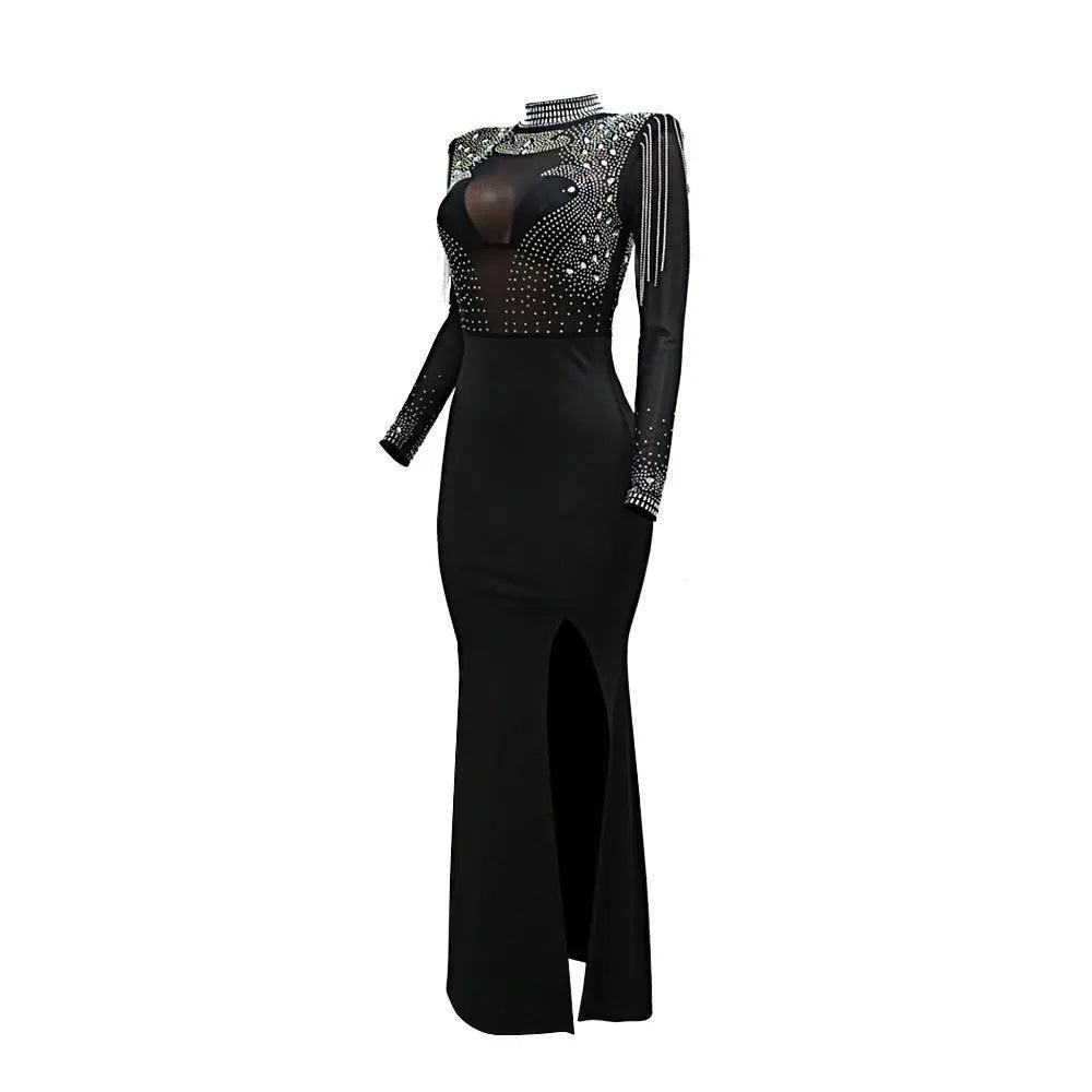 Women Sexy Sheer Mesh Drilling Slim Fit Slit Dress - Venus Trendy Fashion Online