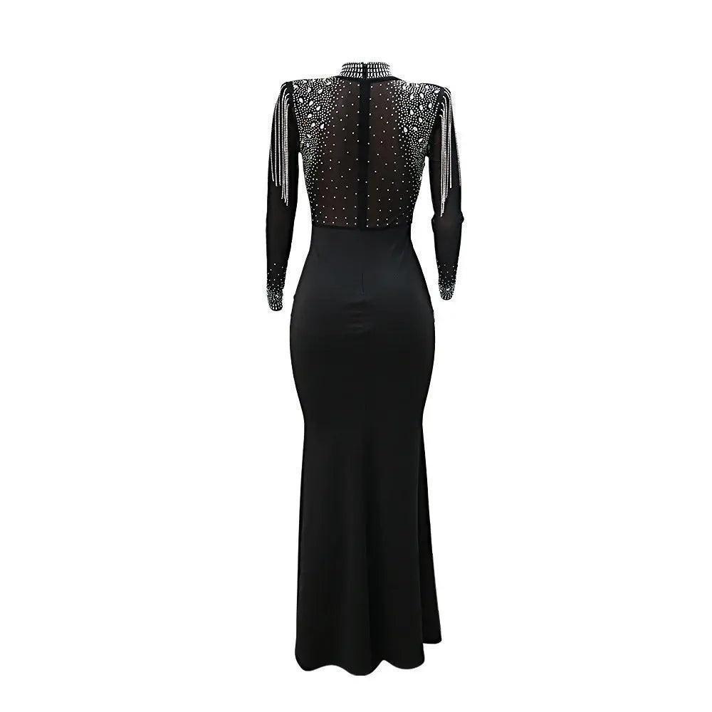 Women Sexy Sheer Mesh Drilling Slim Fit Slit Dress - Venus Trendy Fashion Online