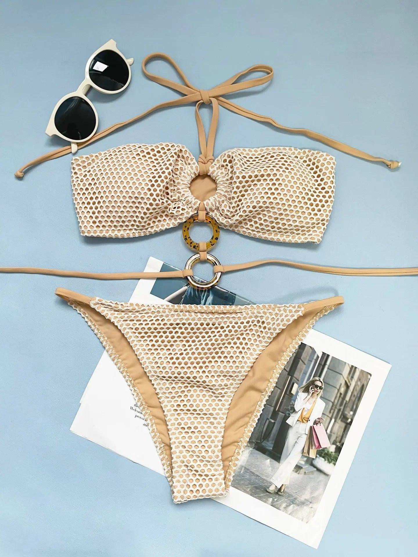 Women Solid Color Halter Neck Ring Bikini Fashion Sexy Two-Piece Swimsuit - Venus Trendy Fashion Online
