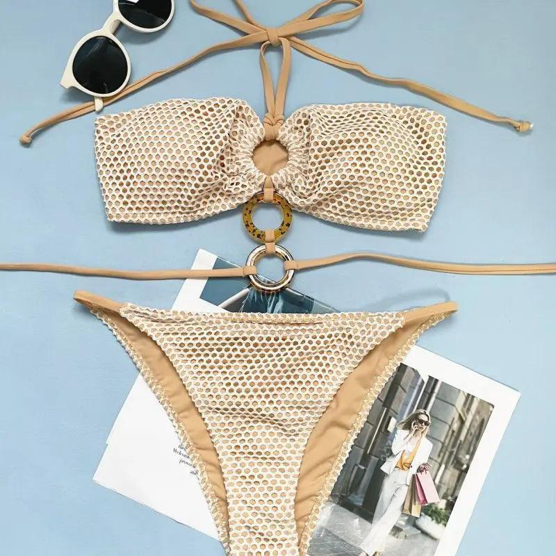 Women Solid Color Halter Neck Ring Bikini Fashion Sexy Two-Piece Swimsuit - Venus Trendy Fashion Online