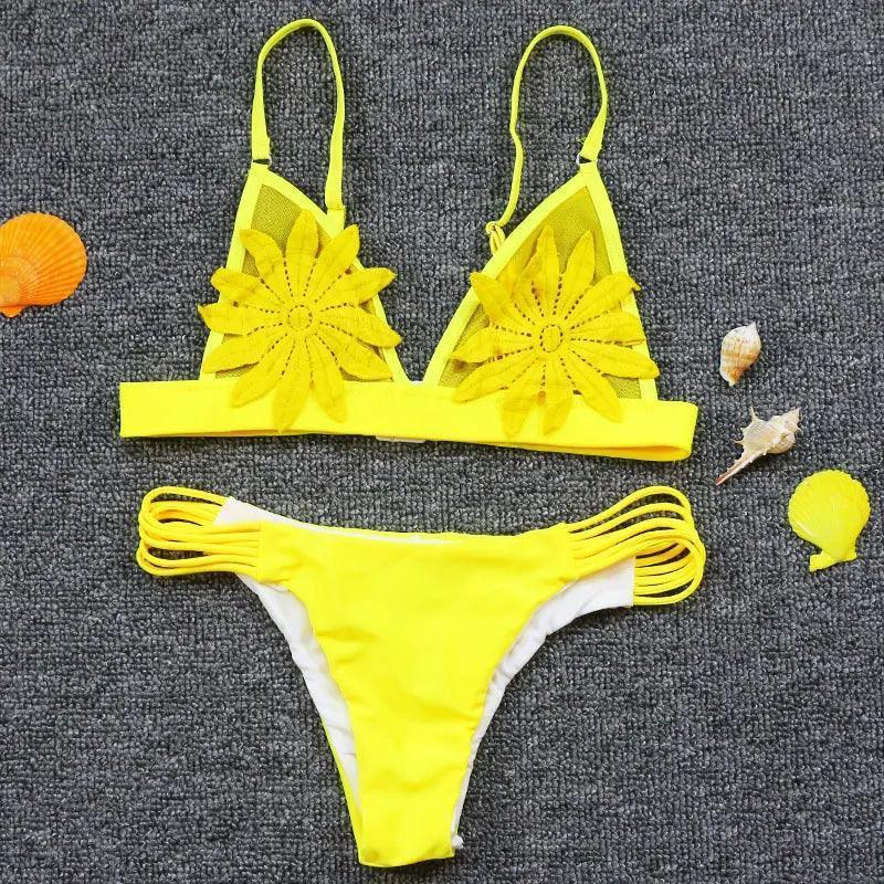 Women Solid Color Sling Floral Bikini Sexy Two-Piece Swimsuit - Venus Trendy Fashion Online