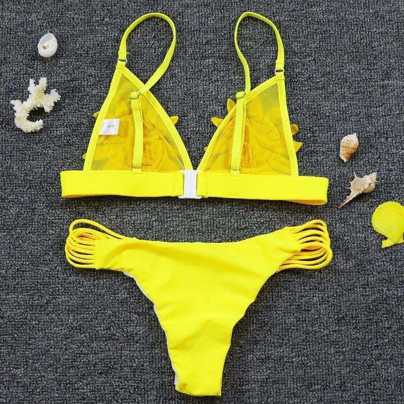 Women Solid Color Sling Floral Bikini Sexy Two-Piece Swimsuit - Venus Trendy Fashion Online