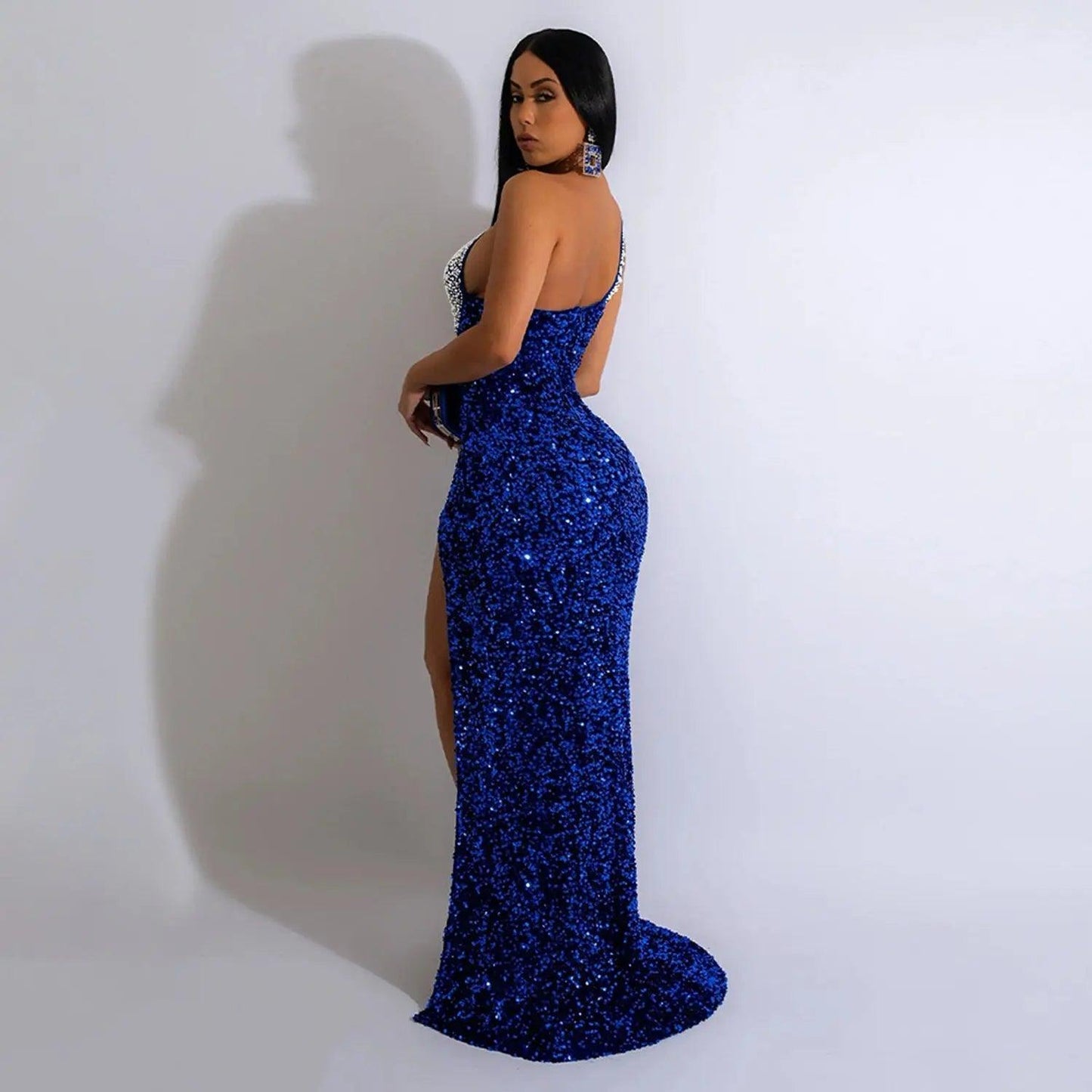 Women Wear Solid Color Rhinestone Sequined Sleeveless Maxi Dress - Venus Trendy Fashion Online