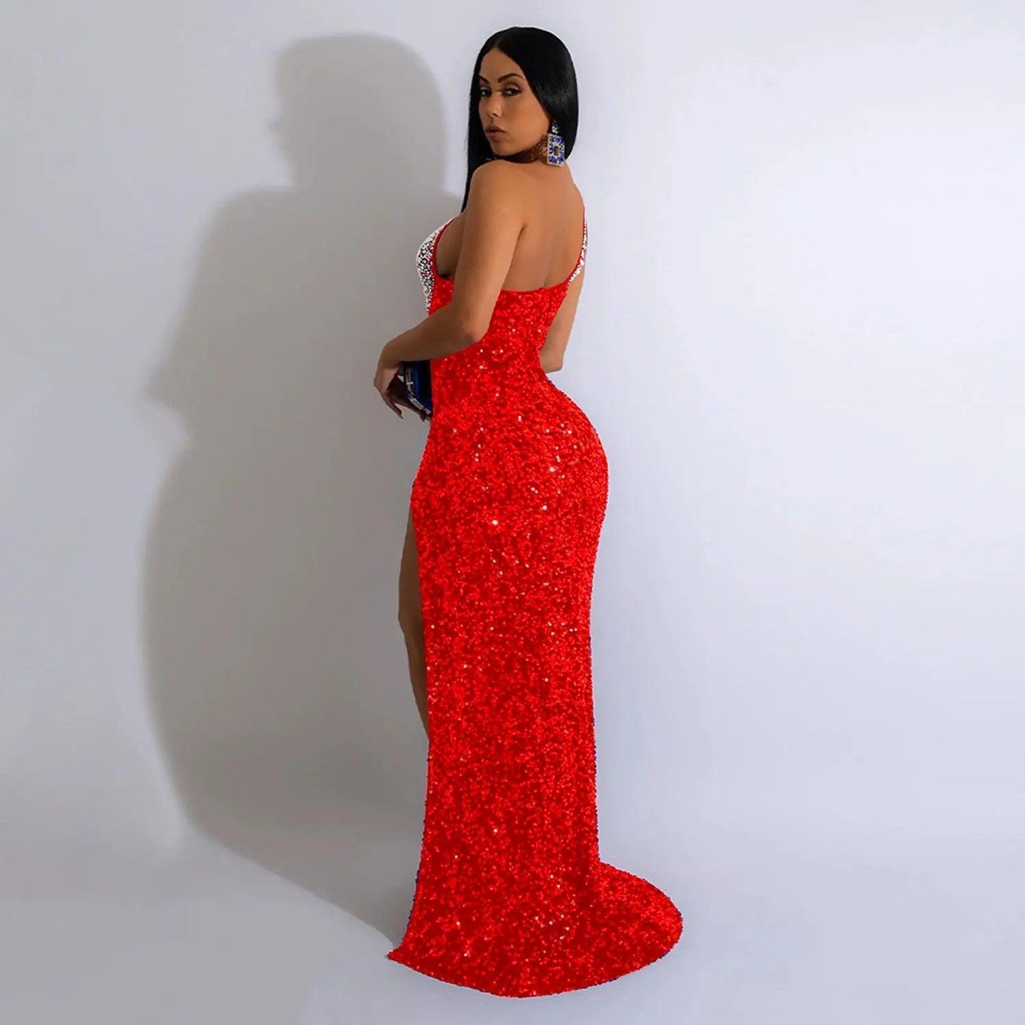 Women Wear Solid Color Rhinestone Sequined Sleeveless Maxi Dress - Venus Trendy Fashion Online