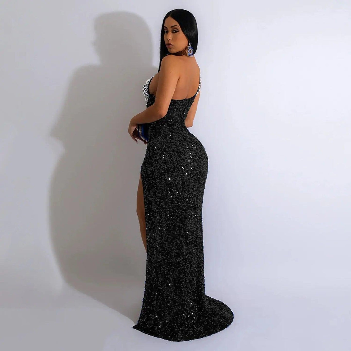 Women Wear Solid Color Rhinestone Sequined Sleeveless Maxi Dress - Venus Trendy Fashion Online