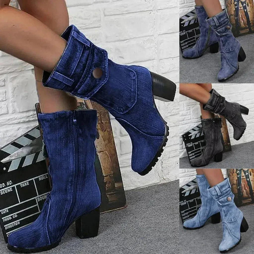 Women's Mid-rise Rome Solid Slip-On Chunky Med Heels Boots - Venus Trendy Fashion Online