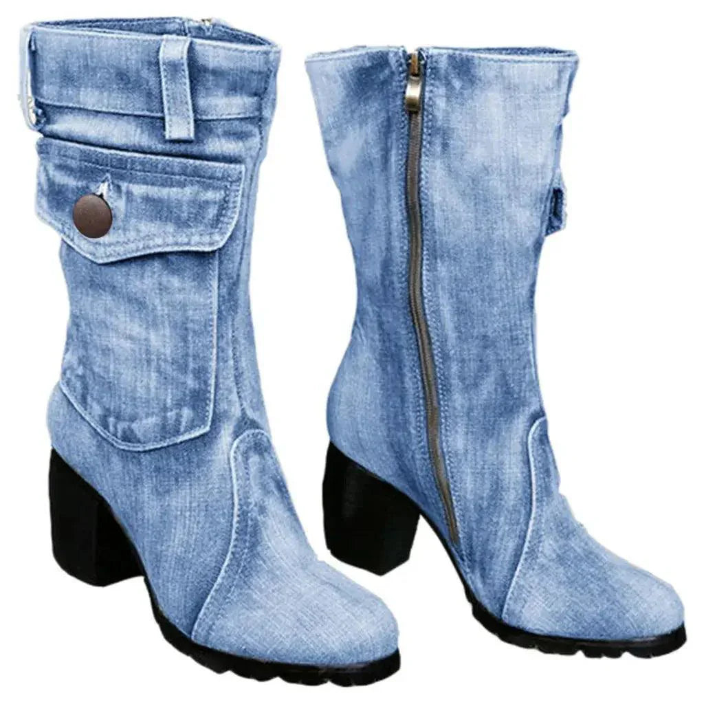Women's Mid-rise Rome Solid Slip-On Chunky Med Heels Boots - Venus Trendy Fashion Online