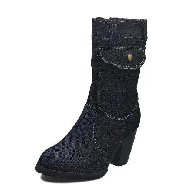 Women's Mid-rise Rome Solid Slip-On Chunky Med Heels Boots - Venus Trendy Fashion Online