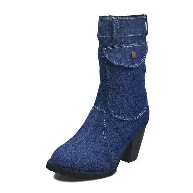 Women's Mid-rise Rome Solid Slip-On Chunky Med Heels Boots - Venus Trendy Fashion Online