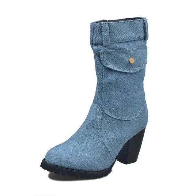 Women's Mid-rise Rome Solid Slip-On Chunky Med Heels Boots - Venus Trendy Fashion Online