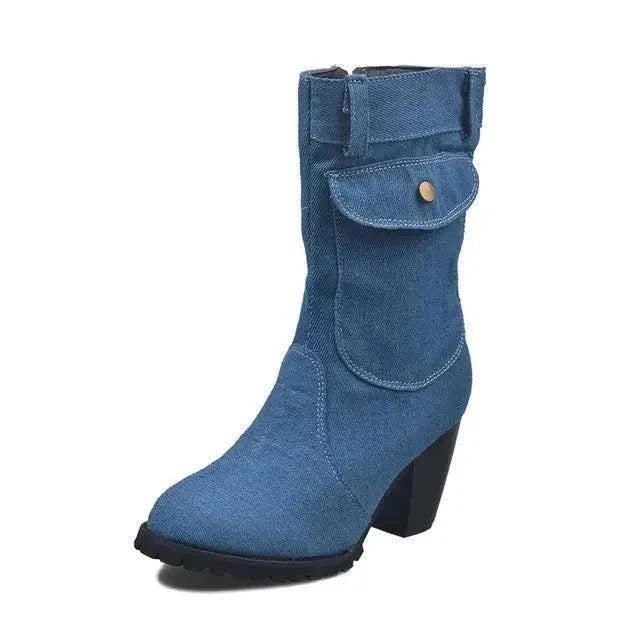 Women's Mid-rise Rome Solid Slip-On Chunky Med Heels Boots - Venus Trendy Fashion Online