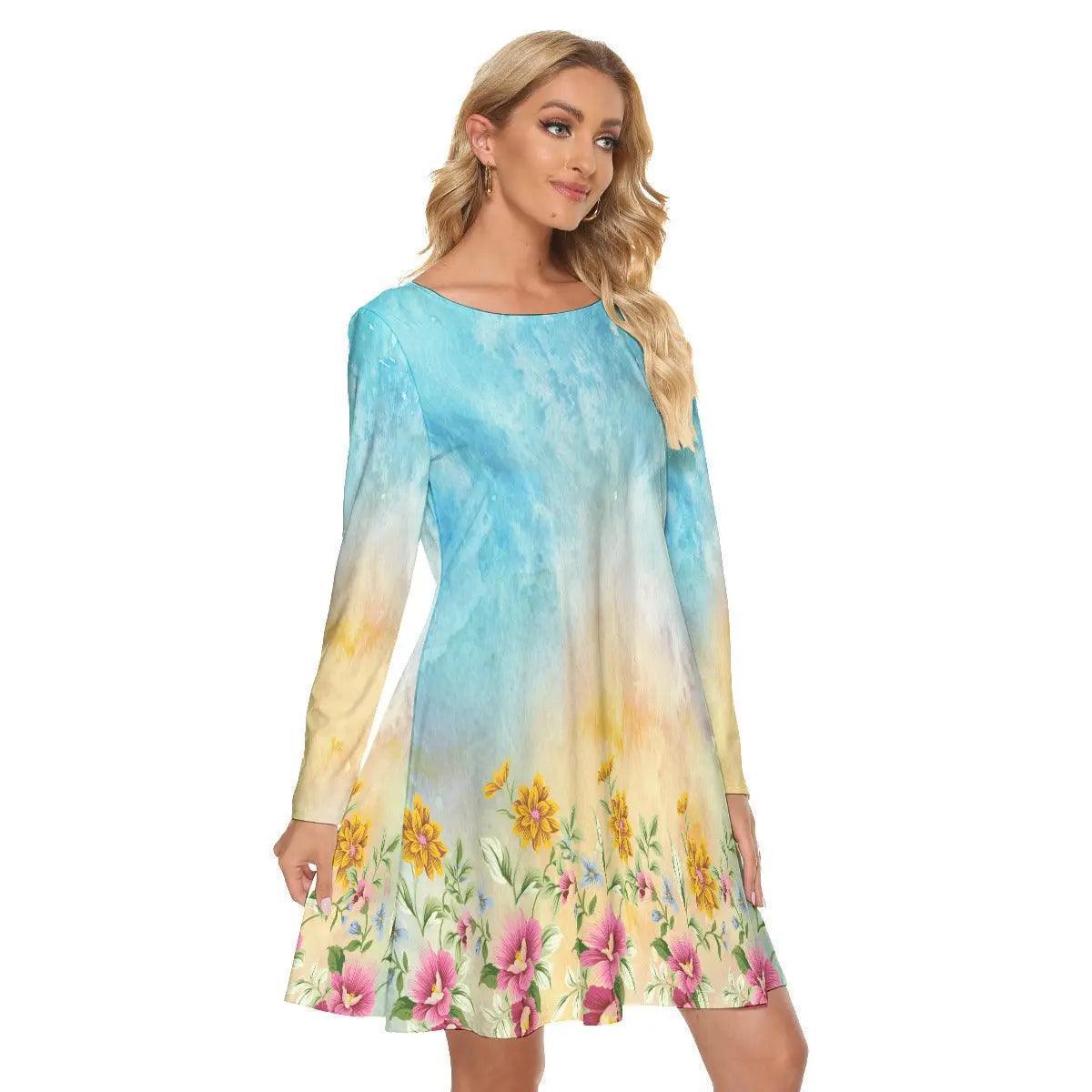 Women's beautiful flowers patterns design Crew Neck Dress - Venus Trendy Fashion Online