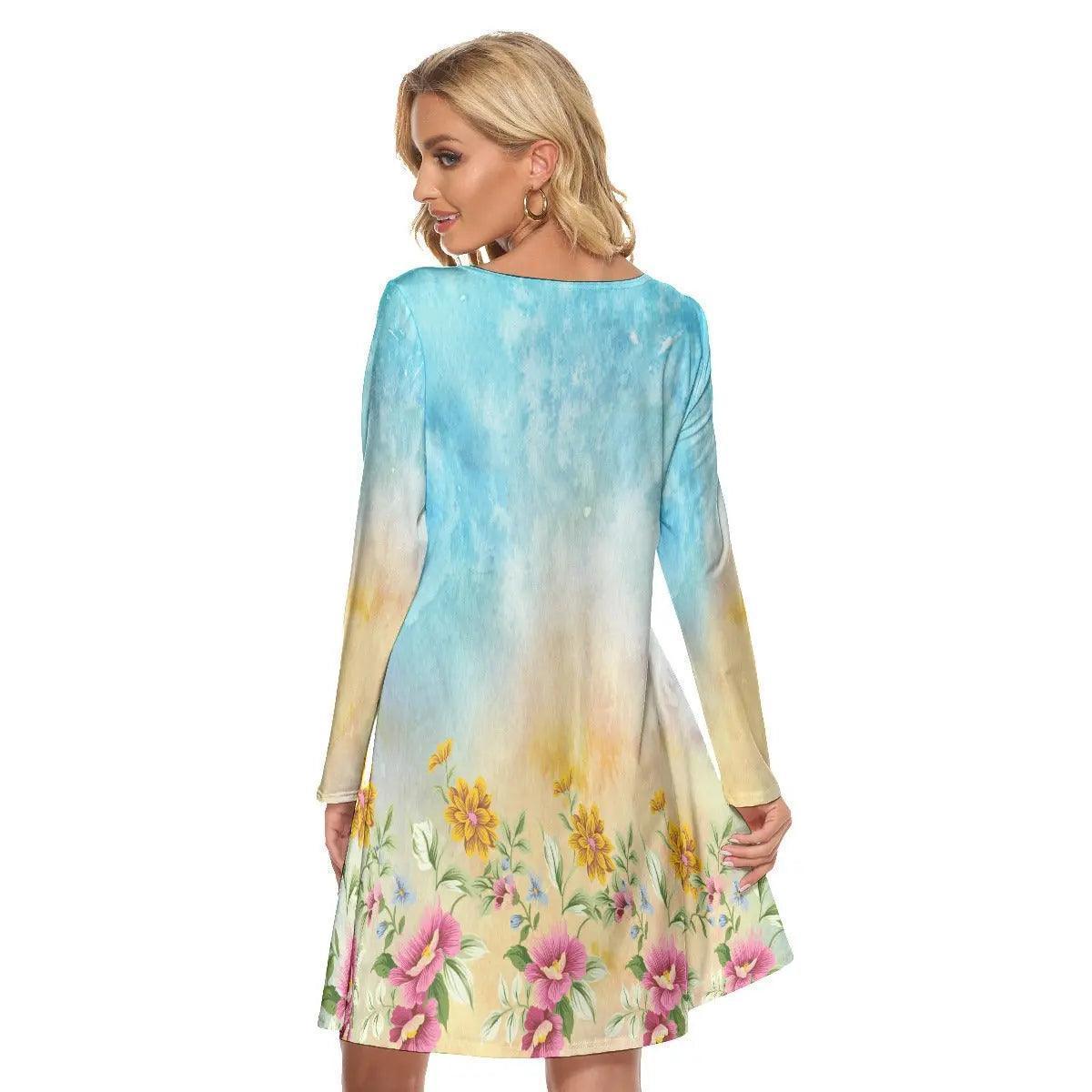 Women's beautiful flowers patterns design Crew Neck Dress - Venus Trendy Fashion Online