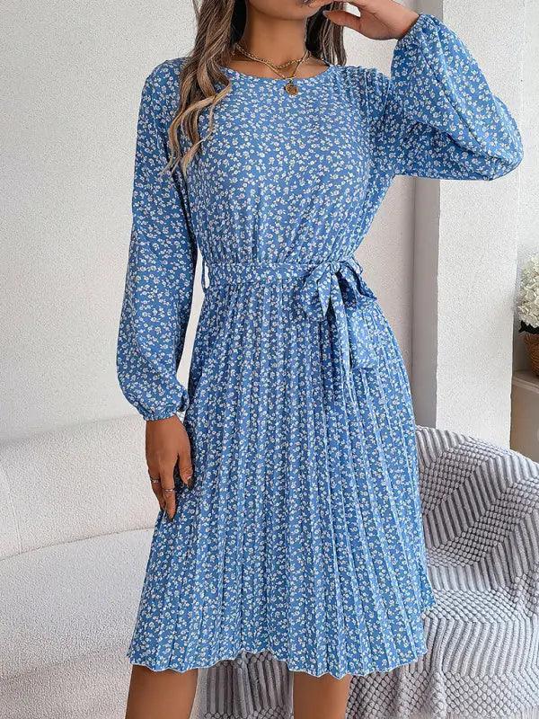 Women's casual long-sleeved floral large hem pleated dress - Venus Trendy Fashion Online