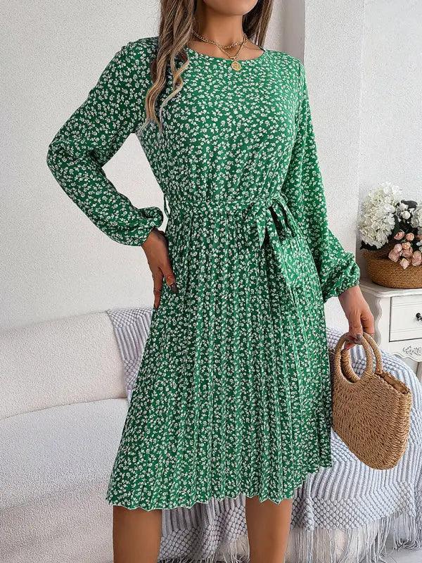 Women's casual long-sleeved floral large hem pleated dress - Venus Trendy Fashion Online