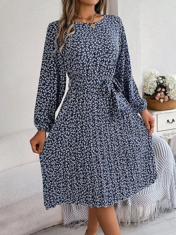 Women's casual long-sleeved floral large hem pleated dress - Venus Trendy Fashion Online